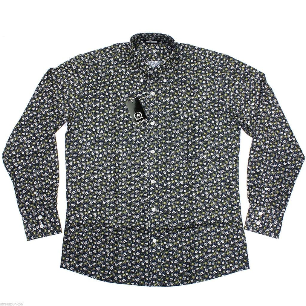 Relco Mens Navy Green Floral Long Sleeved Shirt Mod Skin Retro Indie ...